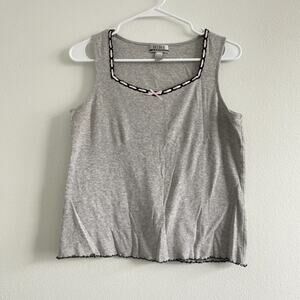 Y2K Nine‎ West Tank Top Women S Gray Lettuce Hem Ribbon Trim Squareneck Indie